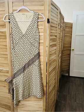 Max Studio Cream Geo Print Wrap Midi Dress with Brown Sash